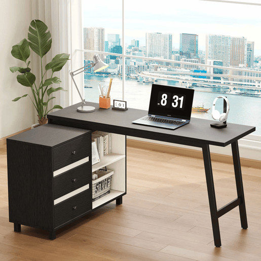 Secretária em L 150 x 100 x 76 cm - três gavetas, duas prateleiras abertas, pés em aço, ampla superfície - preto