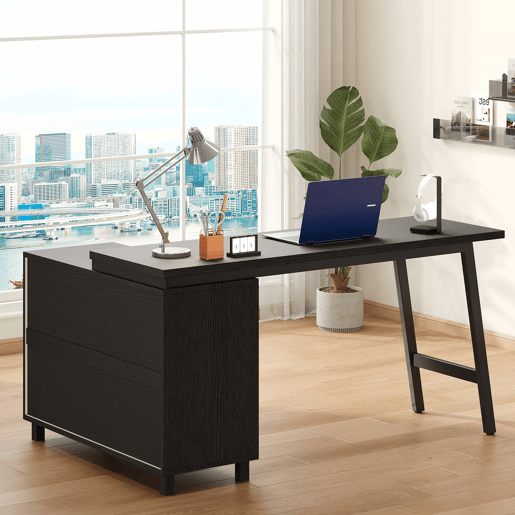 Secretária em L 150 x 100 x 76 cm - três gavetas, duas prateleiras abertas, pés em aço, ampla superfície - preto