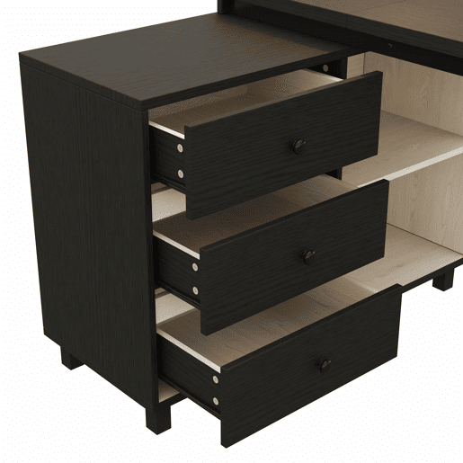 Secretária em L 150 x 100 x 76 cm - três gavetas, duas prateleiras abertas, pés em aço, ampla superfície - preto