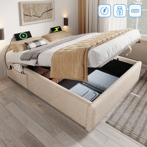 Cama de casal estofada 160x200 - com arrumação, USB-C, base completa, sem cabeceira - begenatural