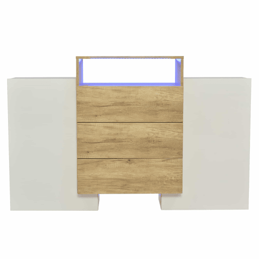 Aparador baixo com LED - 2 portas 3 gavetas - natural e branco