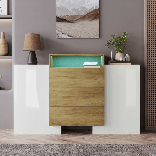 Aparador baixo com LED - 2 portas 3 gavetas - natural e branco