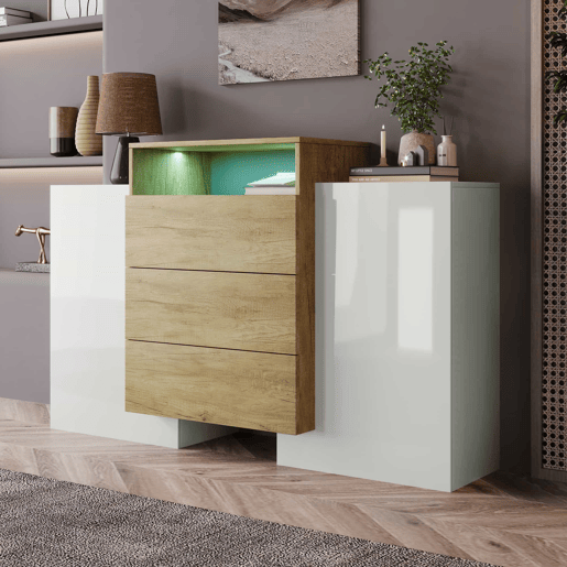 Aparador baixo com LED - 2 portas 3 gavetas - natural e branco