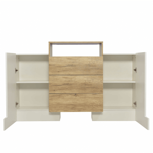 Aparador baixo com LED - 2 portas 3 gavetas - natural e branco