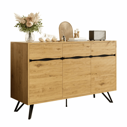 Aparador com 3 portas - Design moderno, grande capacidade de armazenamento, estável - Preto, Madeira