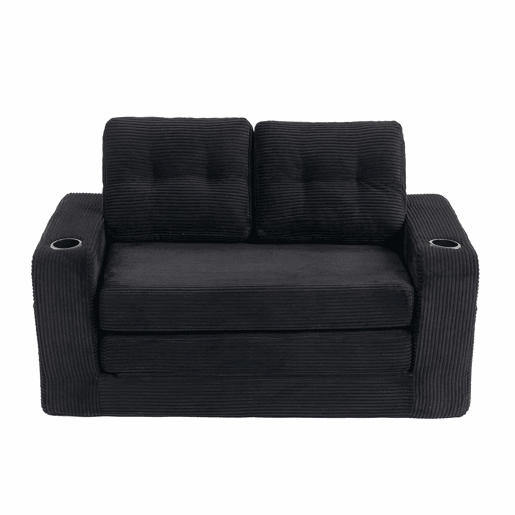 Sofá pufe modular de 2 lugares - conversível, sem estrutura, com porta-copos, bolsos laterais e almofadas acolchoadas com encosto - preto