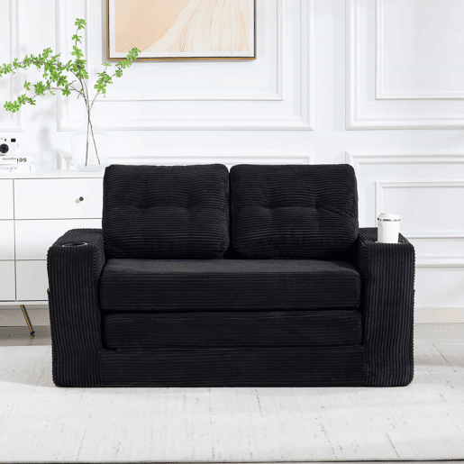 Sofá pufe modular de 2 lugares - conversível, sem estrutura, com porta-copos, bolsos laterais e almofadas acolchoadas com encosto - preto