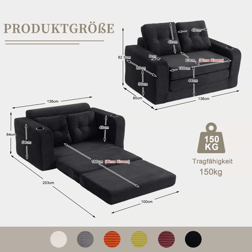 Sofá pufe modular de 2 lugares - conversível, sem estrutura, com porta-copos, bolsos laterais e almofadas acolchoadas com encosto - preto