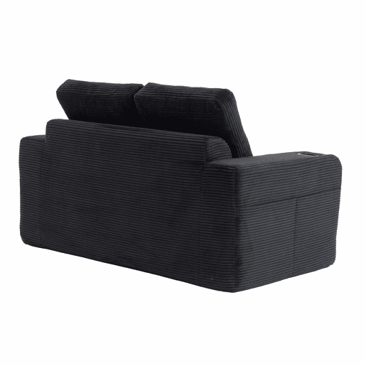 Sofá pufe modular de 2 lugares - conversível, sem estrutura, com porta-copos, bolsos laterais e almofadas acolchoadas com encosto - preto
