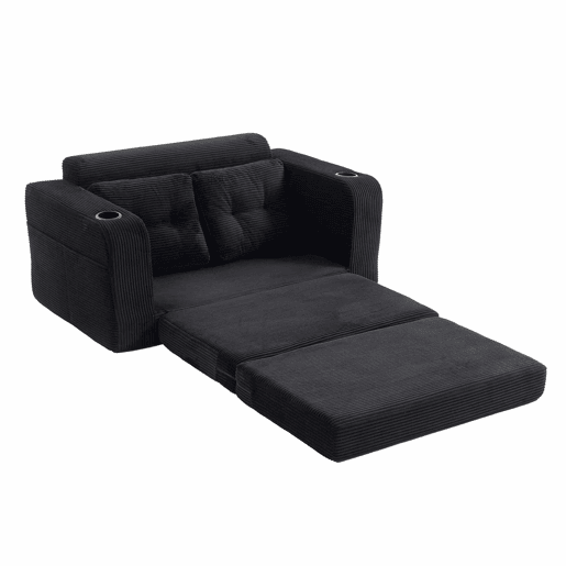 Sofá pufe modular de 2 lugares - conversível, sem estrutura, com porta-copos, bolsos laterais e almofadas acolchoadas com encosto - preto