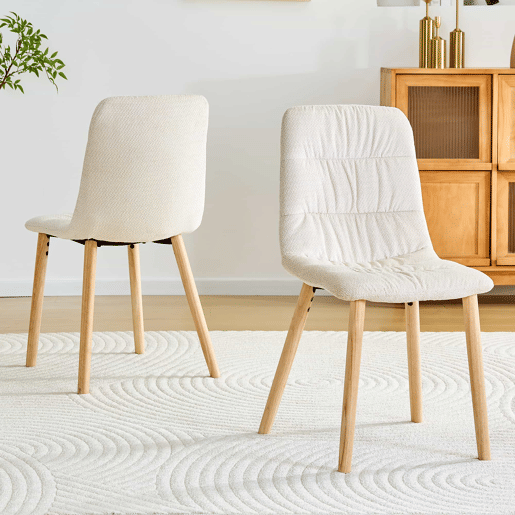 Conjunto de 2 cadeiras de jantar de 88 cm - estofadas em tecido plissado, pernas em madeira maciça, estilo nórdico moderno - branco e madeira