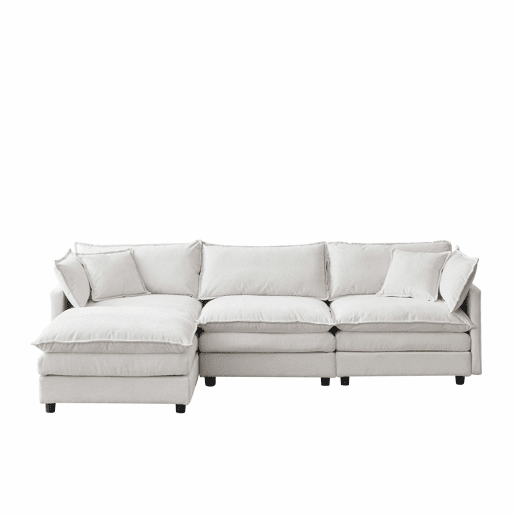 Sofá modular de canto de 3 lugares u2013 com chaise longue e pufe, sofá em L confortável em chenille premium para a sala de estar e espaços pequenos u2013 bege