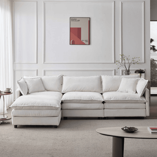 Sofá modular de canto de 3 lugares u2013 com chaise longue e pufe, sofá em L confortável em chenille premium para a sala de estar e espaços pequenos u2013 bege