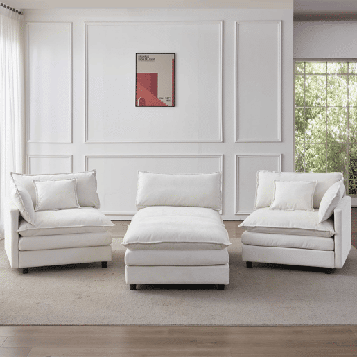 Sofá modular de canto de 3 lugares u2013 com chaise longue e pufe, sofá em L confortável em chenille premium para a sala de estar e espaços pequenos u2013 bege