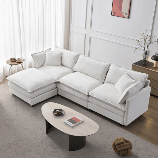 Sofá modular de canto de 3 lugares u2013 com chaise longue e pufe, sofá em L confortável em chenille premium para a sala de estar e espaços pequenos u2013 bege