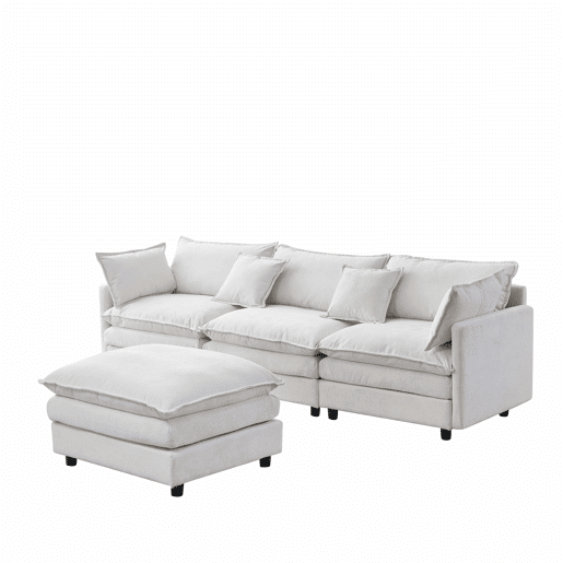 Sofá modular de canto de 3 lugares u2013 com chaise longue e pufe, sofá em L confortável em chenille premium para a sala de estar e espaços pequenos u2013 bege