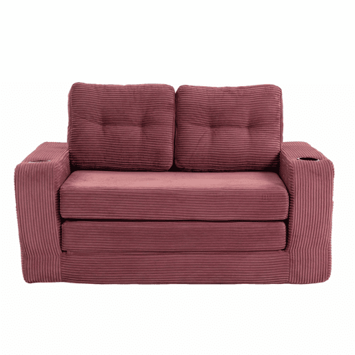 Sofá pufe de veludo de 2 lugares - com porta-copos e bolsos laterais, conversível, sem estrutura, almofadas acolchoadas com encosto, tamanho grande - vermelho vinho