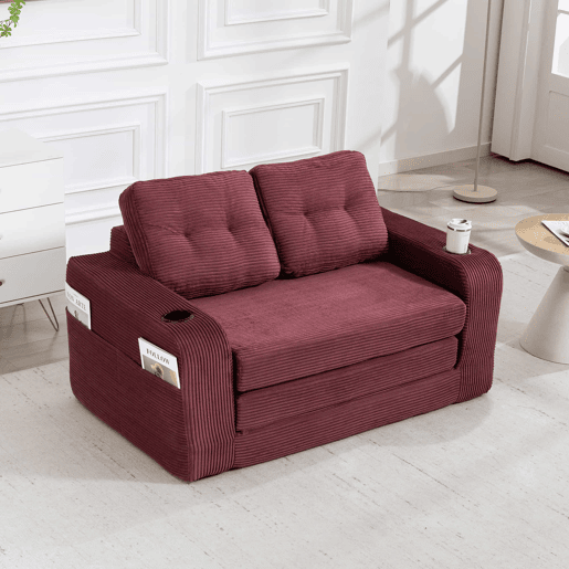 Sofá pufe de veludo de 2 lugares - com porta-copos e bolsos laterais, conversível, sem estrutura, almofadas acolchoadas com encosto, tamanho grande - vermelho vinho