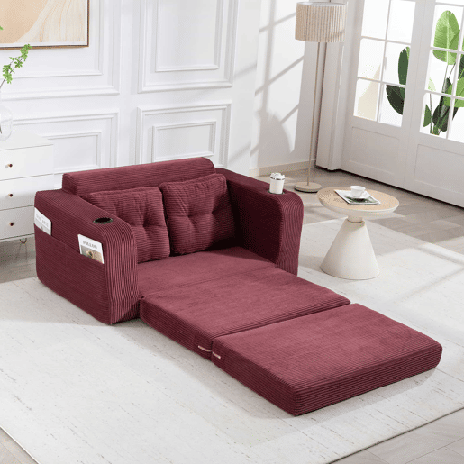 Sofá pufe de veludo de 2 lugares - com porta-copos e bolsos laterais, conversível, sem estrutura, almofadas acolchoadas com encosto, tamanho grande - vermelho vinho