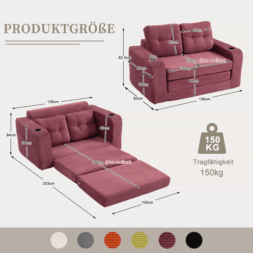 Sofá pufe de veludo de 2 lugares - com porta-copos e bolsos laterais, conversível, sem estrutura, almofadas acolchoadas com encosto, tamanho grande - vermelho vinho