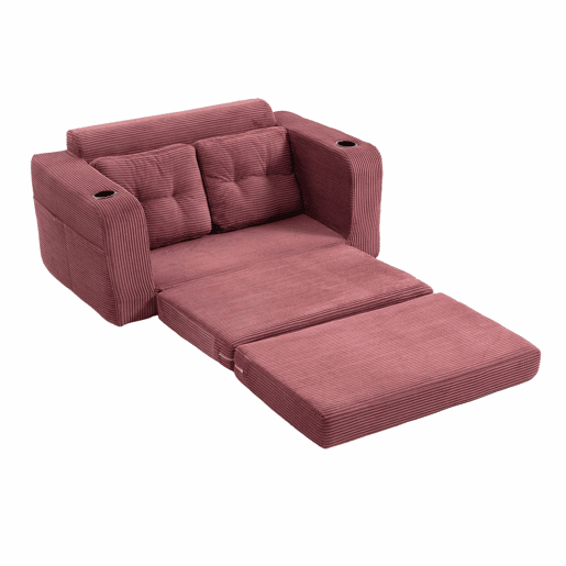 Sofá pufe de veludo de 2 lugares - com porta-copos e bolsos laterais, conversível, sem estrutura, almofadas acolchoadas com encosto, tamanho grande - vermelho vinho