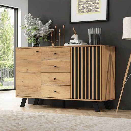 Aparador 120x38x75 cm - 4 gavetas, 2 armários, design oco, 5 pés em madeira maciça - Preto + Natural