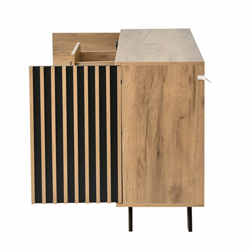 Aparador 120x38x75 cm - 4 gavetas, 2 armários, design oco, 5 pés em madeira maciça - Preto + Natural