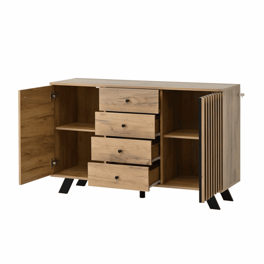 Aparador 120x38x75 cm - 4 gavetas, 2 armários, design oco, 5 pés em madeira maciça - Preto + Natural