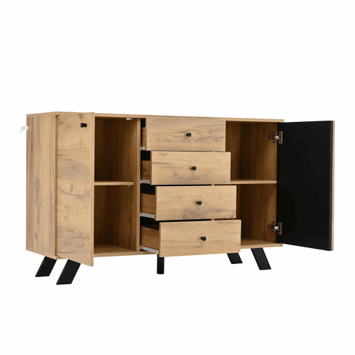Aparador 120x38x75 cm - 4 gavetas, 2 armários, design oco, 5 pés em madeira maciça - Preto + Natural