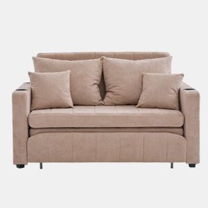 Sofá-cama extensível em tecido multifuncional de 2 lugares u2013 transformável em cama, bolsos nos braços, porta-carregador USB e porta-copos u2013 cor cáqui