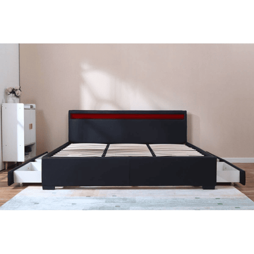 Cama dupla LED ico com 4 gavetas - 180 x 200 cm - Preto