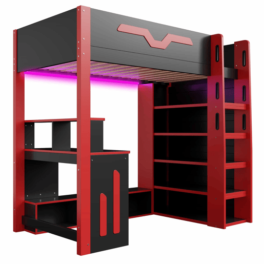 Cama alta 90x200 - em madeira com secretária, arrumação em vários níveis, iluminação LED e escada com espaço de arrumação - Preto e Vermelho
