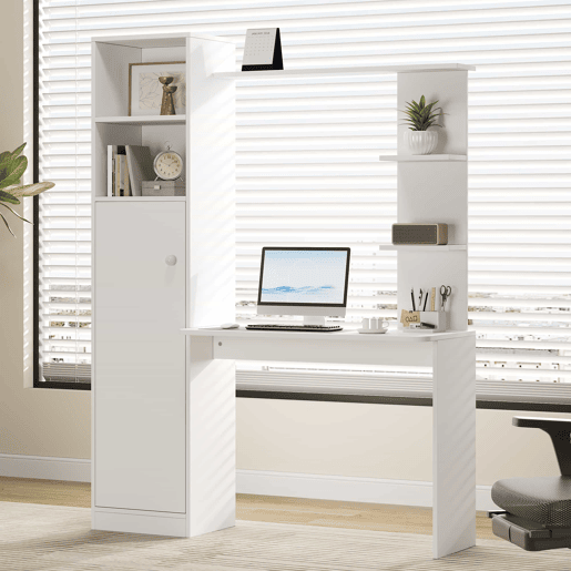 Secretária de estudo e escritório 123,5 x 45 x 168,5 cm - com armário e prateleiras de arrumação, design moderno de escritório - branco