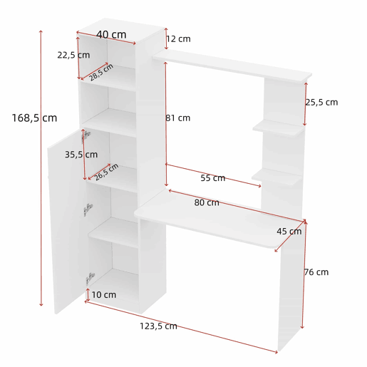 Secretária de estudo e escritório 123,5 x 45 x 168,5 cm - com armário e prateleiras de arrumação, design moderno de escritório - branco