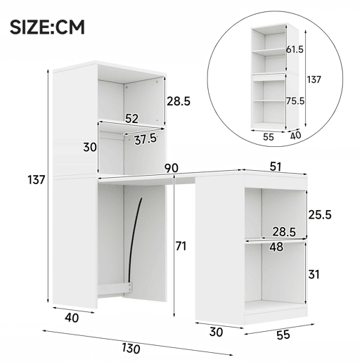 Mesa multifuncional 130 x 51 x 137 cm - secretária e armário com 4 compartimentos, grande capacidade - branco