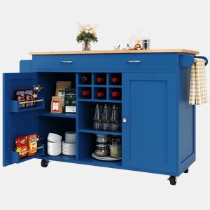 Ilha de cozinha moderna 102×45×92 cm - Estante multifuncional com superfície em madeira - Azul
