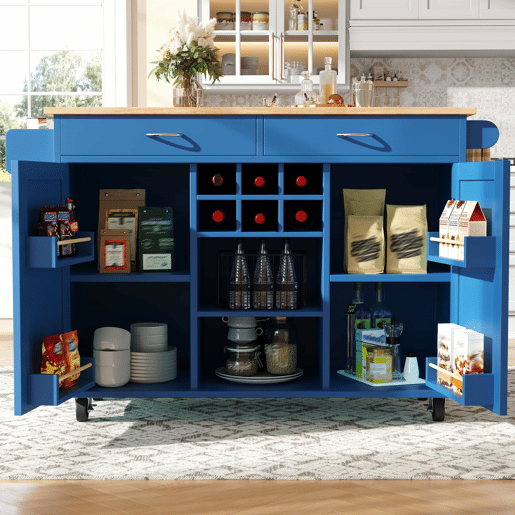 Ilha de cozinha moderna 102×45×92 cm - Estante multifuncional com superfície em madeira - Azul Ilha de cozinha moderna 102×45×92 cm - Estante multifuncional com superfície em madeira - Azul