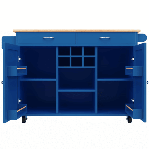 Ilha de cozinha moderna 102×45×92 cm - Estante multifuncional com superfície em madeira - Azul Ilha de cozinha moderna 102×45×92 cm - Estante multifuncional com superfície em madeira - Azul