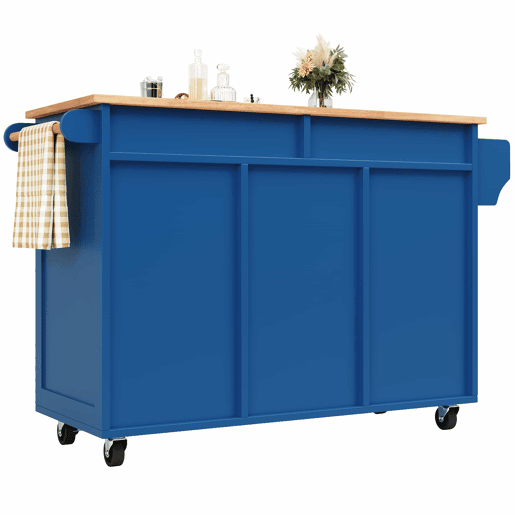 Ilha de cozinha moderna 102×45×92 cm - Estante multifuncional com superfície em madeira - Azul Ilha de cozinha moderna 102×45×92 cm - Estante multifuncional com superfície em madeira - Azul