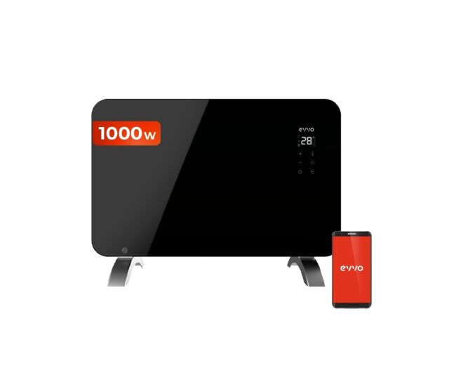 Radiador eléctrico bajo consumo evvo c cristal negro 1.000w, wifi, termostato regulable, google home alexa, mando a distancia, t