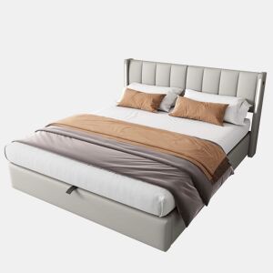 Cama estofada com LED 180x200 cm - hidráulica com espaço de arrumação, porta USB recarregável, cabeceira ajustável - cinzenta