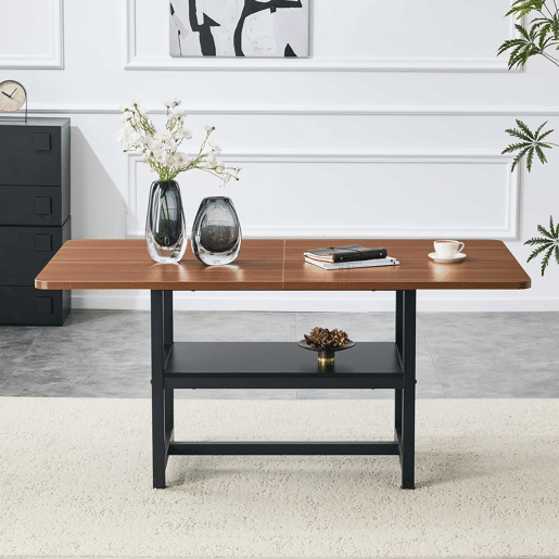Mesa de jantar retangular 160x90x76 cm - design industrial com prateleira multifuncional e pés de metal pretos - preto e nogueira
