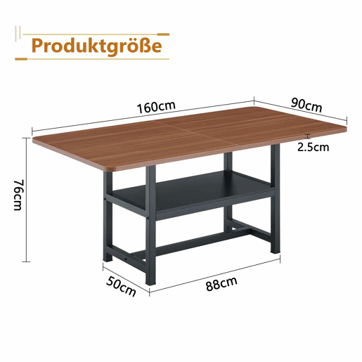 Mesa de jantar retangular 160x90x76 cm - design industrial com prateleira multifuncional e pés de metal pretos - preto e nogueira