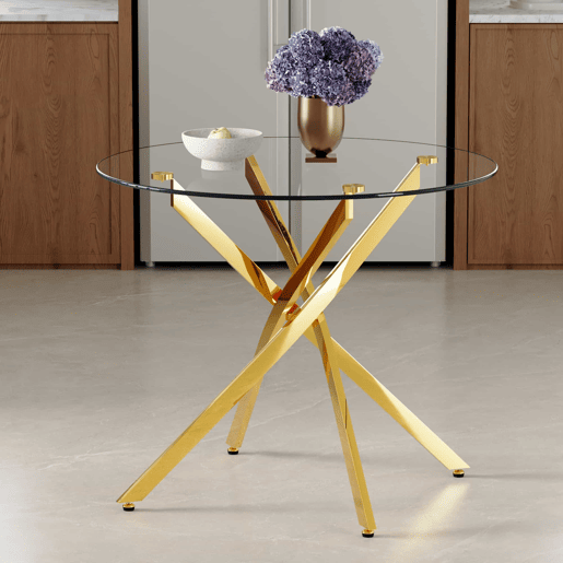 Mesa de jantar redonda de 88 cm - design moderno e minimalista em vidro temperado com estrutura metálica dourada, ideal para espaços pequenos (2 a 4 pessoas) - dourado transparente