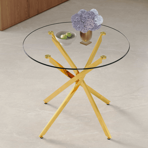 Mesa de jantar redonda de 88 cm - design moderno e minimalista em vidro temperado com estrutura metálica dourada, ideal para espaços pequenos (2 a 4 pessoas) - dourado transparente