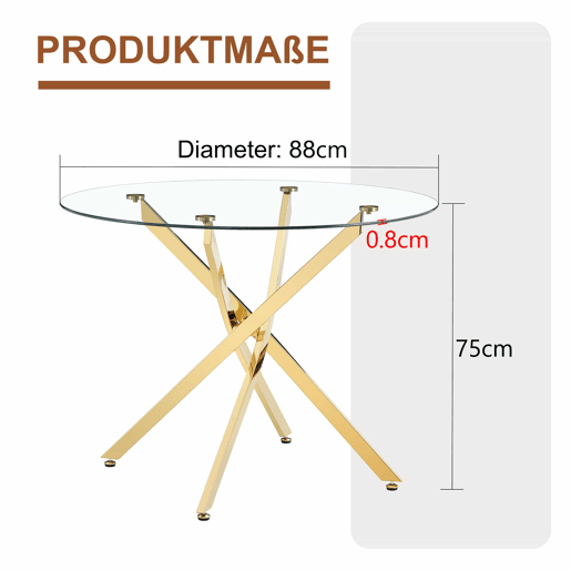 Mesa de jantar redonda de 88 cm - design moderno e minimalista em vidro temperado com estrutura metálica dourada, ideal para espaços pequenos (2 a 4 pessoas) - dourado transparente