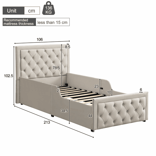 Cama individual infantil estofada 90x200 cm - cama hidráulica com base de colchão, cabeceira almofadada e amplo espaço de arrumação - bege