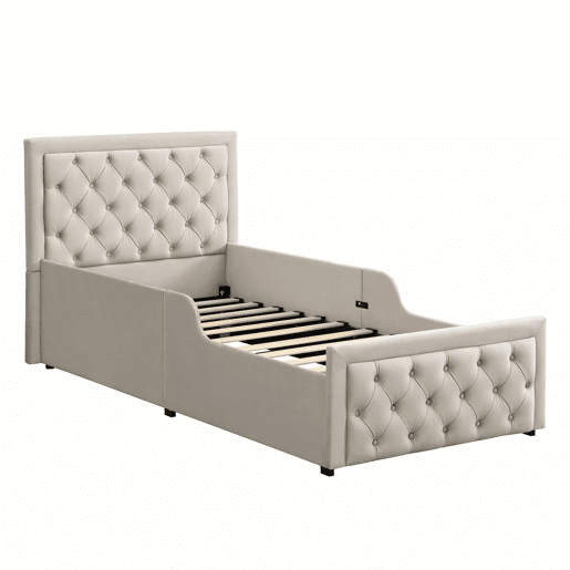 Cama individual infantil estofada 90x200 cm - cama hidráulica com base de colchão, cabeceira almofadada e amplo espaço de arrumação - bege