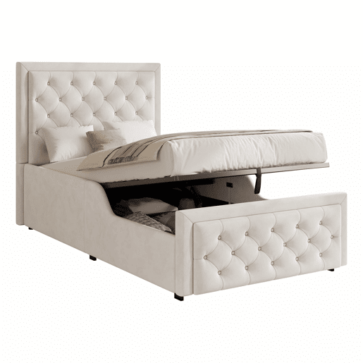 Cama individual infantil estofada 90x200 cm - cama hidráulica com base de colchão, cabeceira almofadada e amplo espaço de arrumação - bege