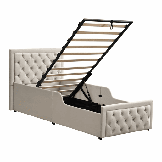 Cama individual infantil estofada 90x200 cm - cama hidráulica com base de colchão, cabeceira almofadada e amplo espaço de arrumação - bege